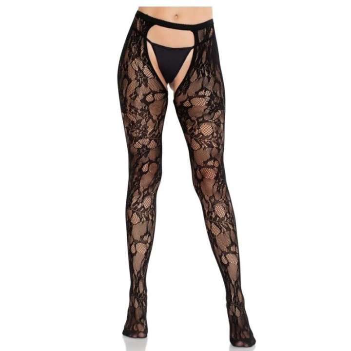 LEG AVENUE - ROSE LACE STOCKINGS WITH OPEN BACK BLACK