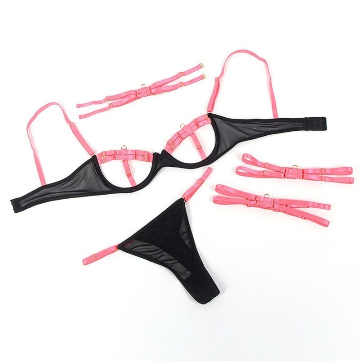 SUBBLIME - 955304 BRA SET WITH NECKLACE AND LEG DETAILS FLUORESCENT PINK L/XL