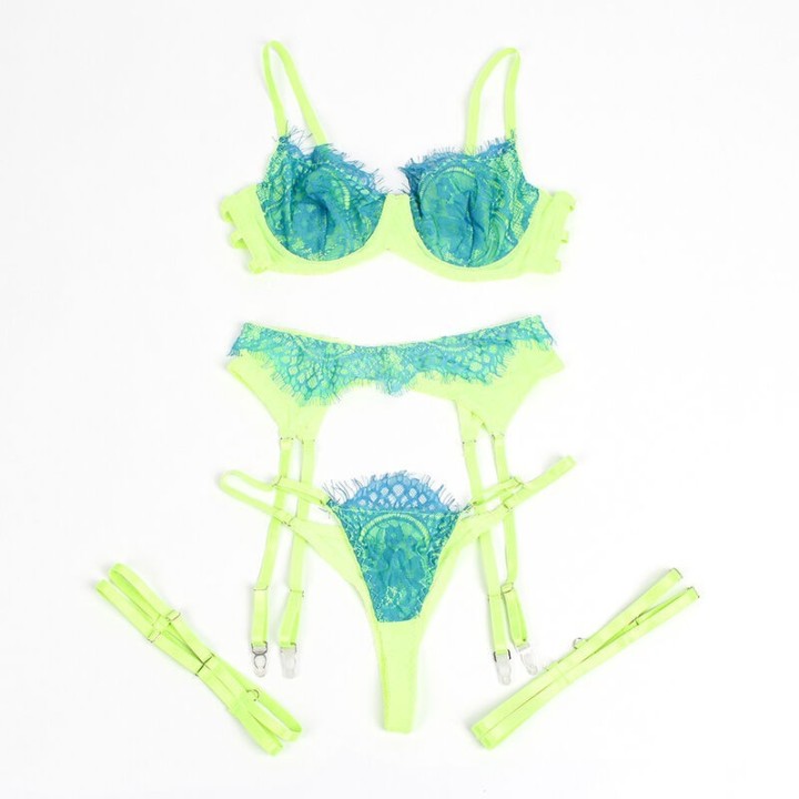 SUBBLIME - 955311 SET OF BRA WITH LACE AND GARTER LINES GREEN AND BLUE S/M
