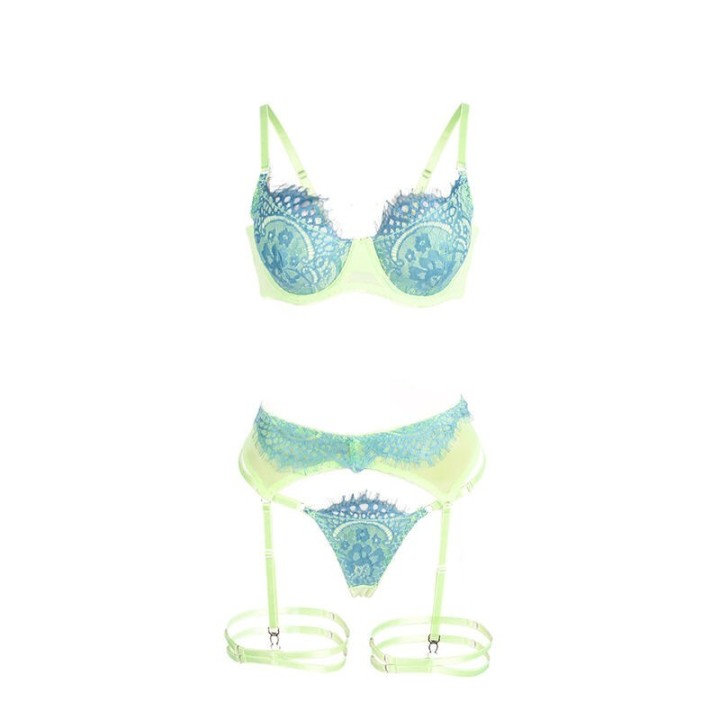 SUBBLIME - 955311 SET OF BRA WITH LACE AND GARTER LINES GREEN AND BLUE S/M