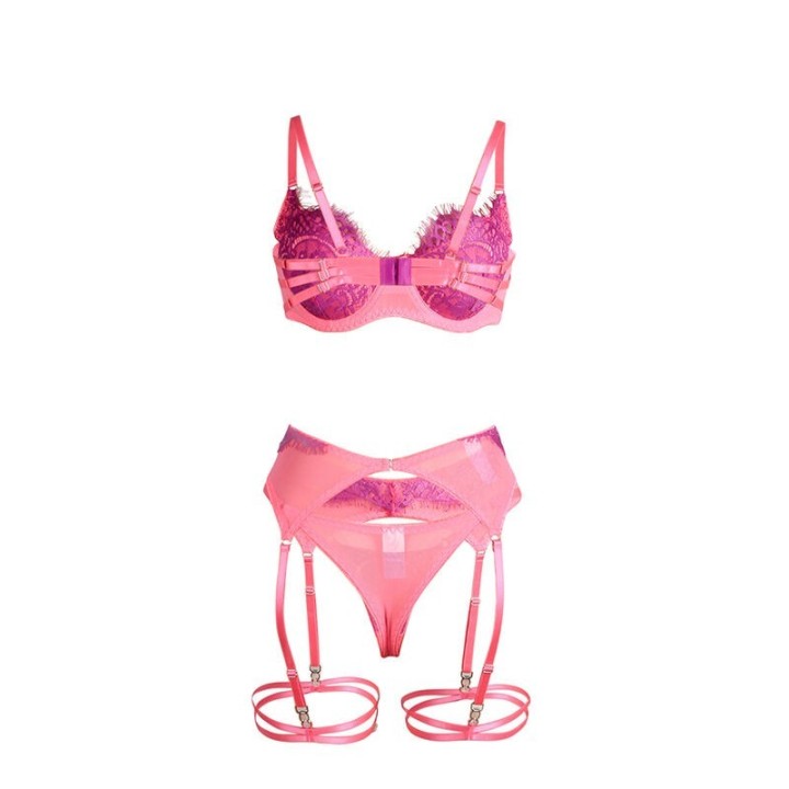 SUBBLIME - 955359 SET OF BRA WITH LACE AND GARTER LINKS PINK AND PURPLE S/M