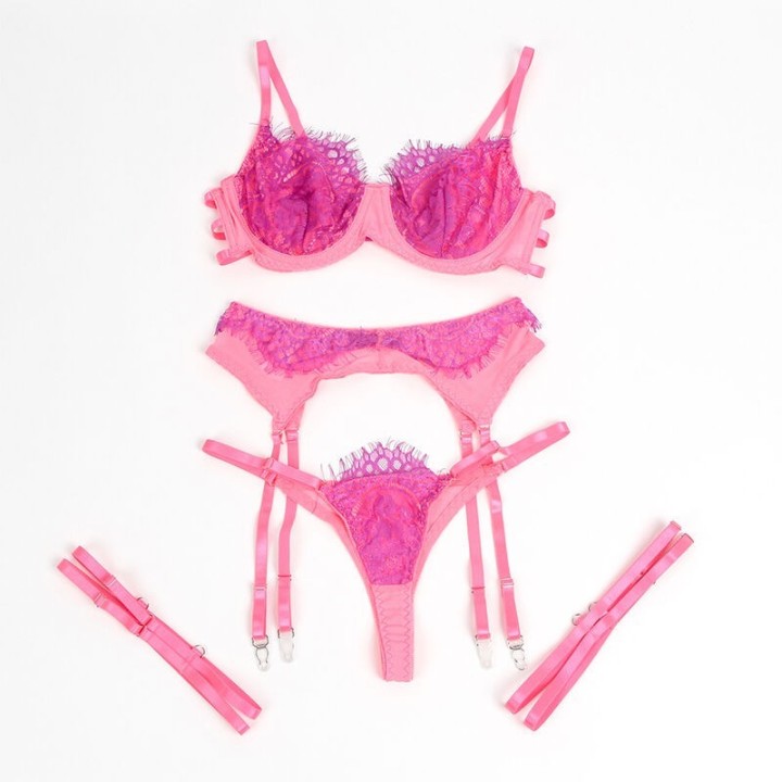 SUBBLIME - 955359 SET OF BRA WITH LACE AND GARTER LINKS PINK AND PURPLE S/M