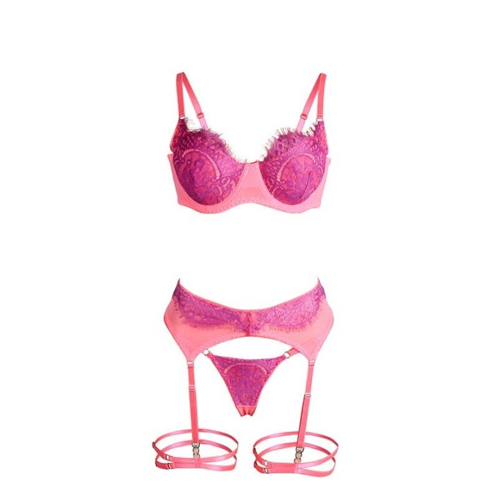 SUBBLIME - 955366 BRA SET WITH LACE AND GARTER LINES PINK AND PURPLE L/XL