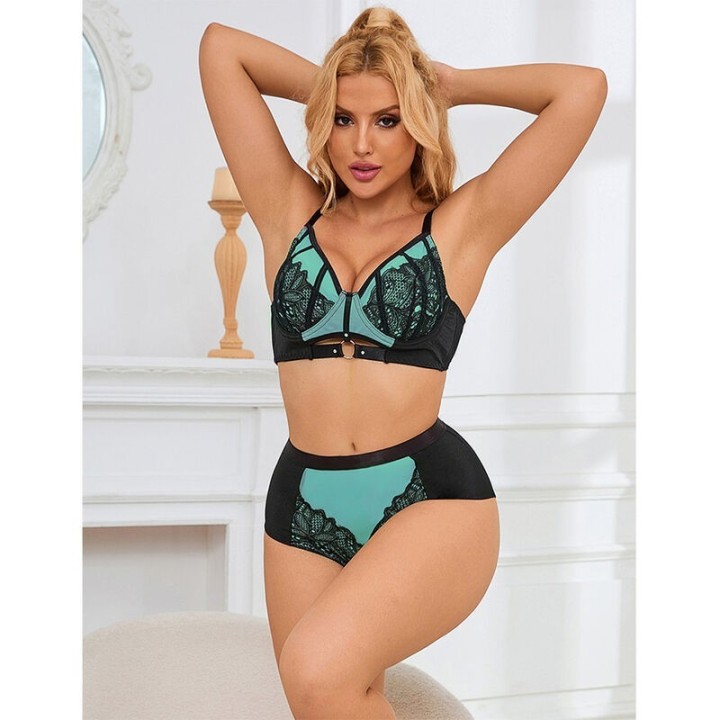 SUBBLIME - 955557 GREEN PATENT LEATHER MESH ZIPPER BRA SET S/M