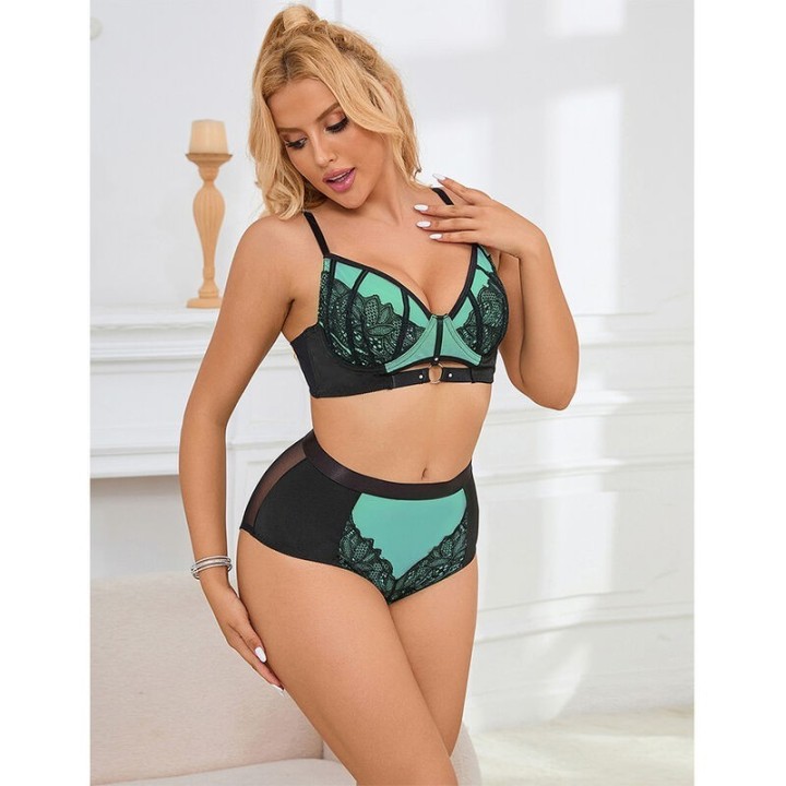 SUBBLIME - 955564 GREEN PATENT LEATHER MESH ZIPPER BRA SET L/XL