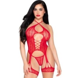 LEG AVENUE - 89338 LACE OPEN BODYSUIT WITH GARTER BELT + THONG RED - ONE SIZE