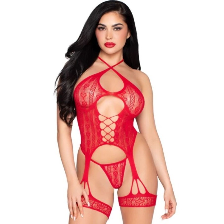 LEG AVENUE - 89338 LACE OPEN BODYSUIT WITH GARTER BELT + THONG RED - ONE SIZE