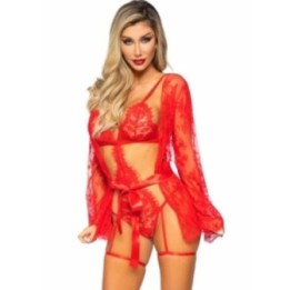 LEG AVENUE - 86123 TEDDY + GARTER ROBE SET RED SIZE S