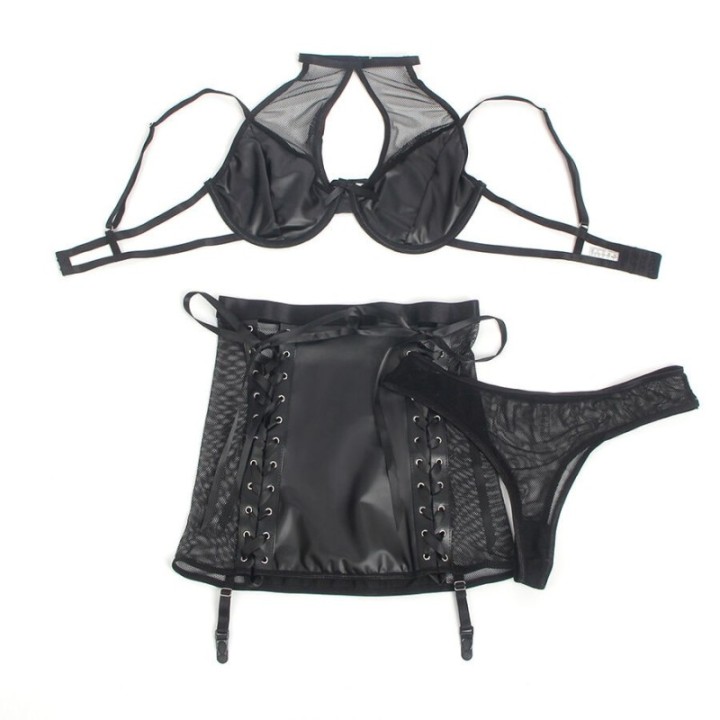 SUBBLIME - 957599 LEATHER BRA AND SKIRT SET BLACK L/XL