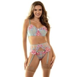 SUBBLIME - 957643 FLOWER EMBROIDERED BRA AND GARTER BELT SET PINK S/M