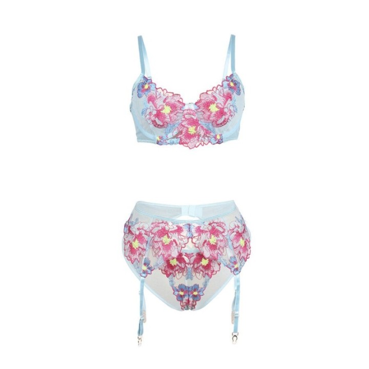 SUBBLIME - 957650 FLOWER EMBROIDERED BRA AND GARTER BELT SET PINK L/XL