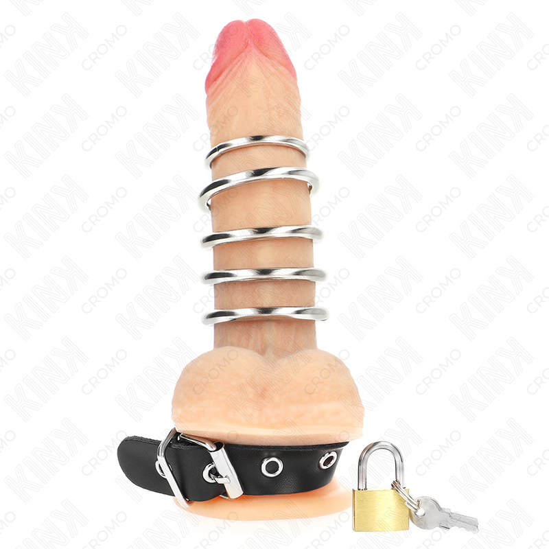 KINK - ANILLO PENE CUERO CORREA CON CERRADURA 21 X 2 CM Y 5 ANILLOS METAL DE 3 CM A 4 CM - Imagen 2