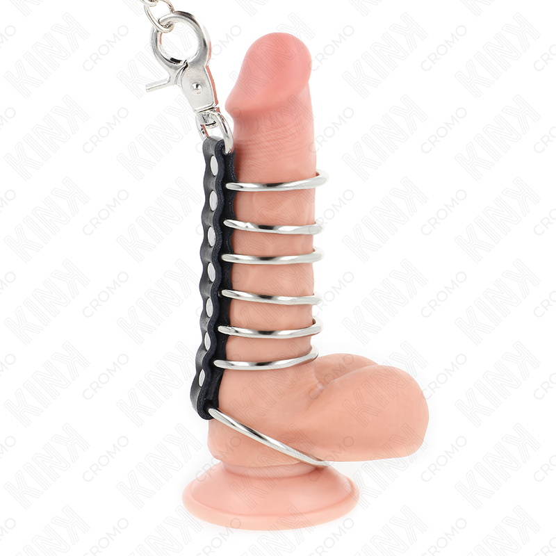 KINK - 7 ANILLOS PENE METAL 3.8 CM A 5 CM CONECTADOS CON POLIPIEL Y CADENA METAL 100 CM - Imagen 2