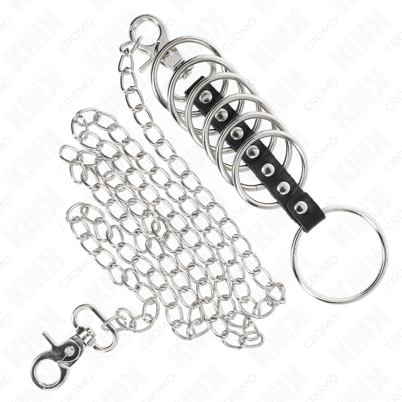 KINK - 7 ANILLOS PENE METAL 3.8 CM A 5 CM CONECTADOS CON POLIPIEL Y CADENA METAL 100 CM - Imagen 4