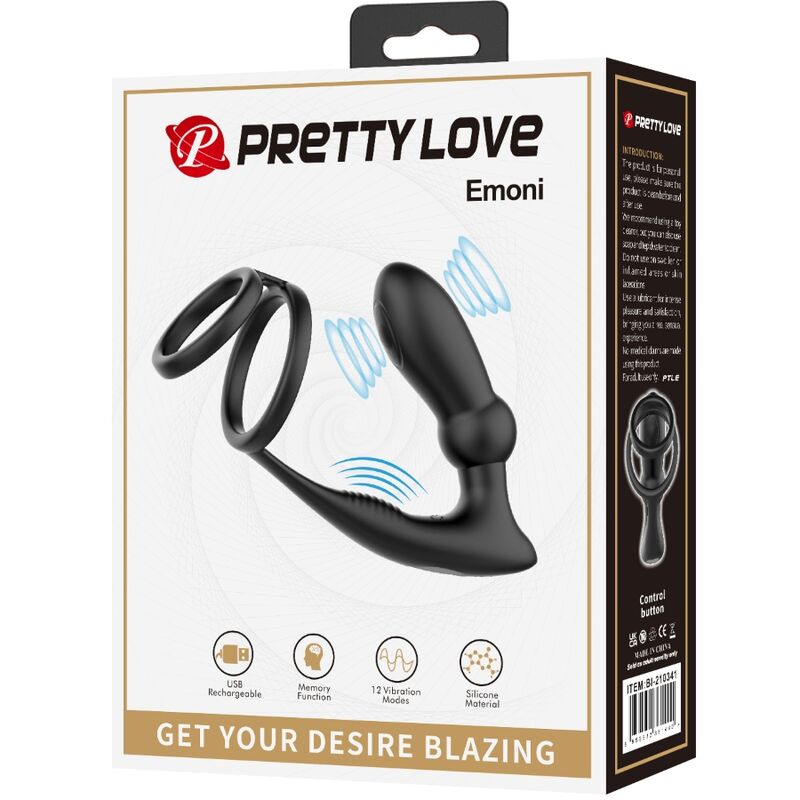 PRETTY LOVE - EMONI ANILLO PENE + PLUG ANAL 12 VIBRACIONES NEGRO - Imagen 8