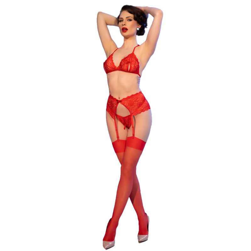 CHILIROSE - CR 4848 SET SUJETADOR + TANGA + MEDIAS DE ENCAJE ROJO S - Imagen 4
