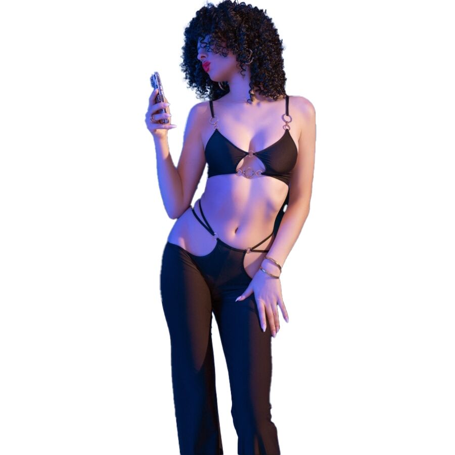 CHILIROSE - CR 4851 SET TOP NEGRO Y LEGGINS CON COMPLEMENTOS DORADOS L - Imagen 4