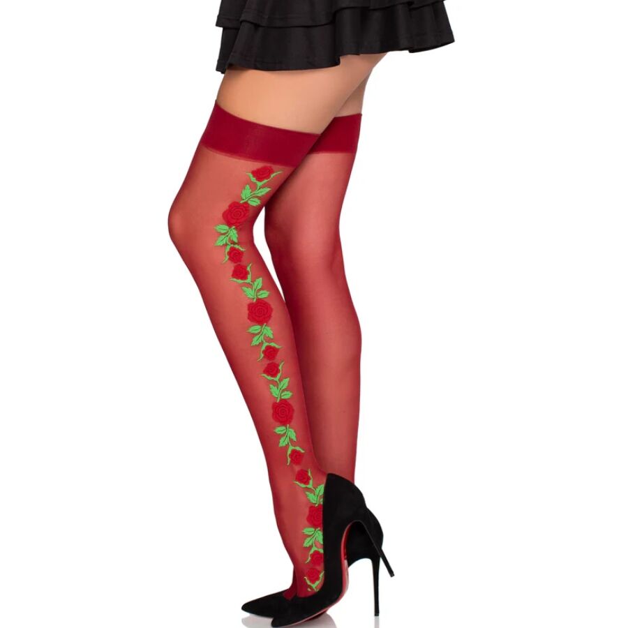 LEG AVENUE - 1957 MEDIAS DE LIGUERO CON FLORES ROJAS - TALLA ÚNICA - Imagen 2