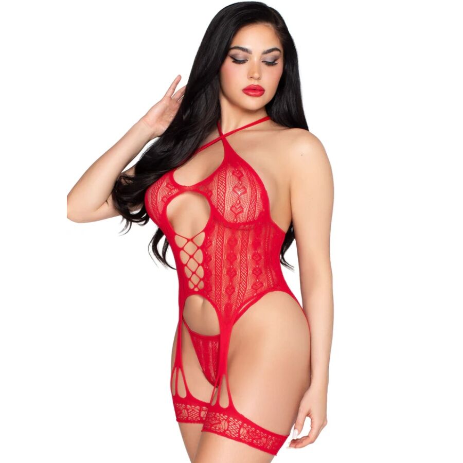 LEG AVENUE - 89338 SET BODY ABIERTO CON LIGUERO + TANGA DE ENCAJE ROJO - TALLA ÚNICA - Imagen 2