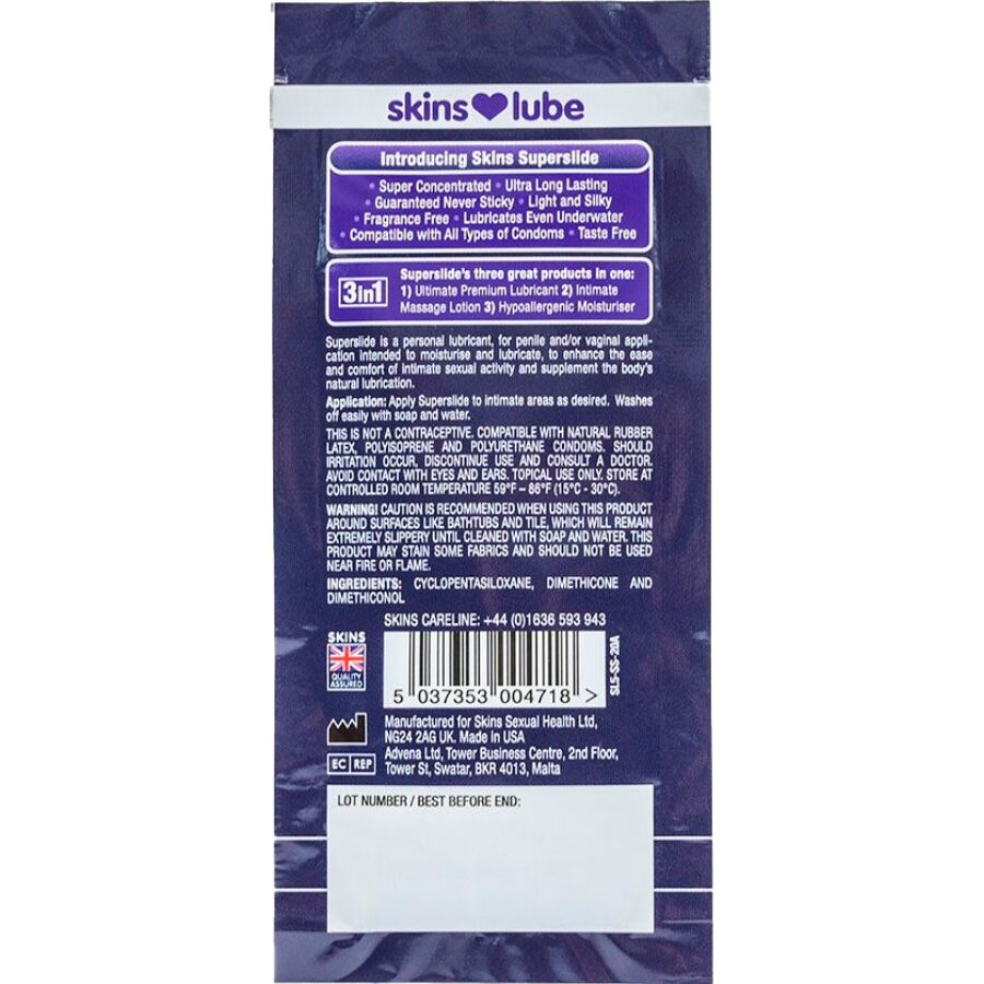 SKINS - SUPERSLIDE LUBRICANTE BASE DE SILICONA MONODOSIS 5 ML - Imagen 2