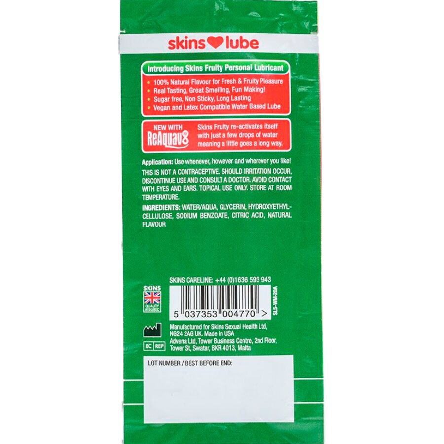 SKINS - FRUITY LUBRICANTE BASE DE AGUA SANDÍA MONODOSIS 5 ML - Imagen 2