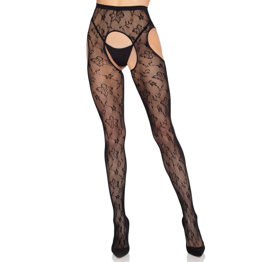 LEG AVENUE - 1967 MEDIAS DE LIGUERO CON RED DE FLORES NEGRO - TALLA ÚNICA - Imagen 4