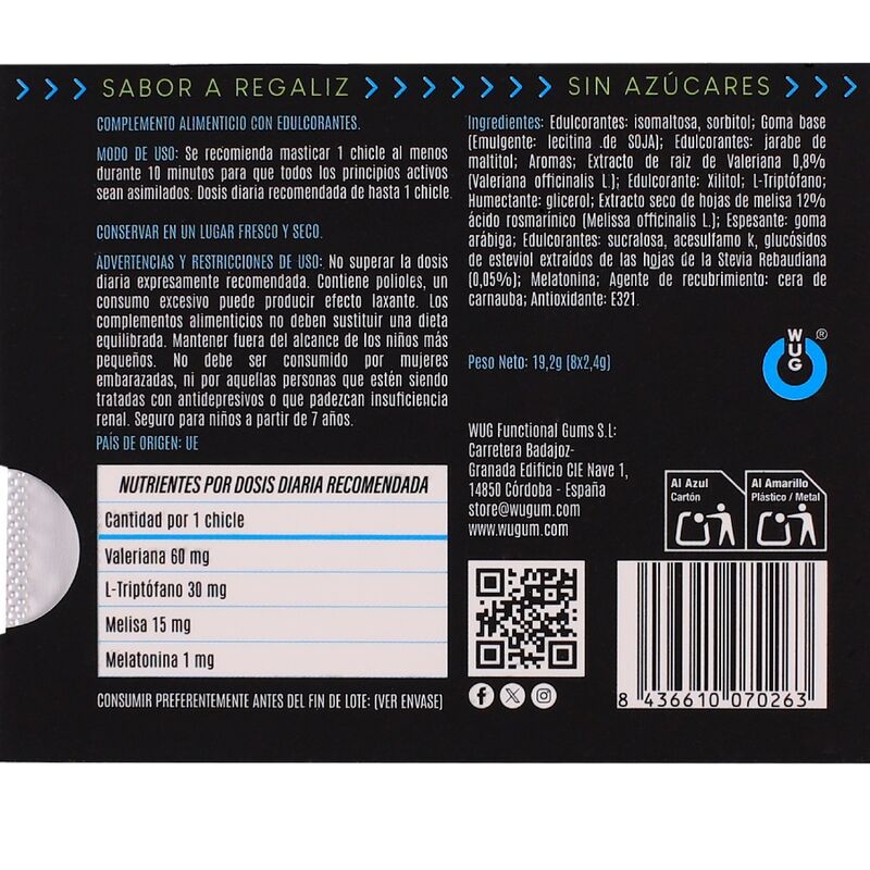 WUG off - El chicle funcional con melatonina y valeriana sabor regaliz BLISTER 8 UDS - Imagen 4