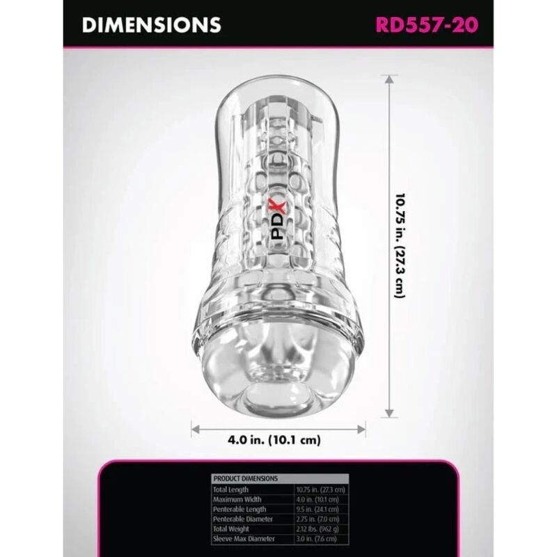 PDX ELITE - MASTURBADOR TRANSPARENTE VIEWTUBE PLUS SEE-THRU EZ-GRIP 21 CM - Imagen 4