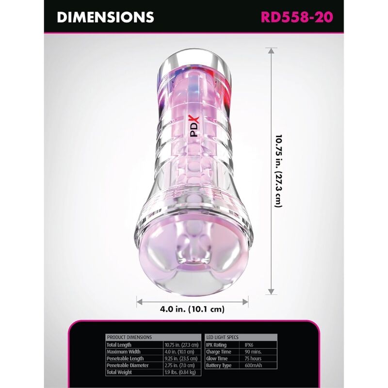PDX ELITE - MASTURBADOR TRANSPARENTE VIEWTUBE XXL LED STROKER 27.3 CM - Imagen 5