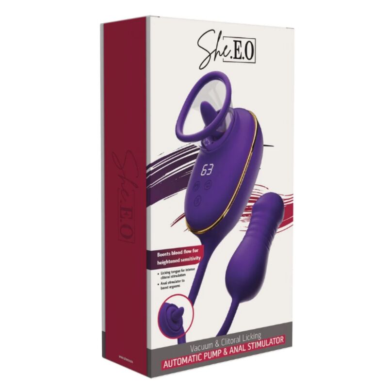 SHE.E.O - SUCCIONADOR DE CLÍTORIS CON EFECTO LICKING Y ESTIMULADOR ANAL MORADO - Imagen 5