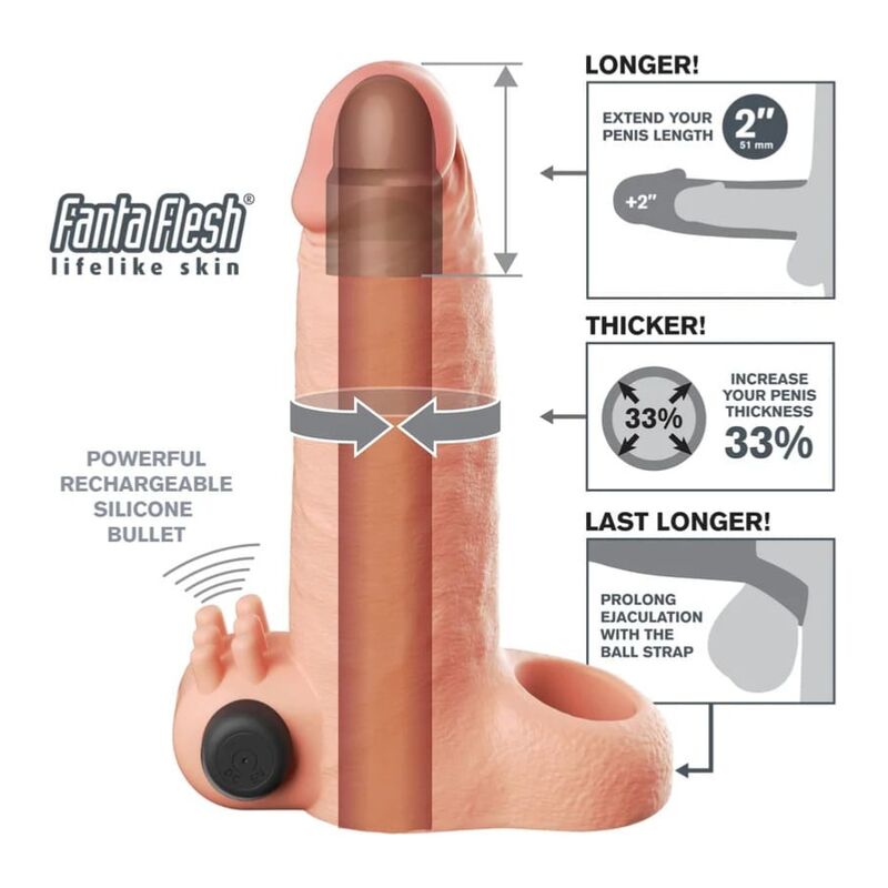 FANTASY X-TENSIONS - FUNDA EXTENSORA VIBRATORIA REAL FEEL 5 CM COLOR BEIGE - Imagen 5
