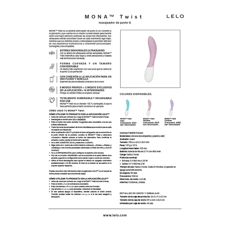 LELO - MONA TWIST VIBRADOR PARA PUNTO G RECARGABLE APP CONTROL LAVANDA TURQUESA - Imagen 7