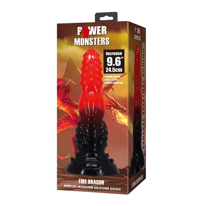 POWER MONSTERS - FIRE DRAGON DILDO FANTASÍA CON VENTOSA 24,5 CM Ø 5,8 CM ROJO Y NEGRO - Imagen 2