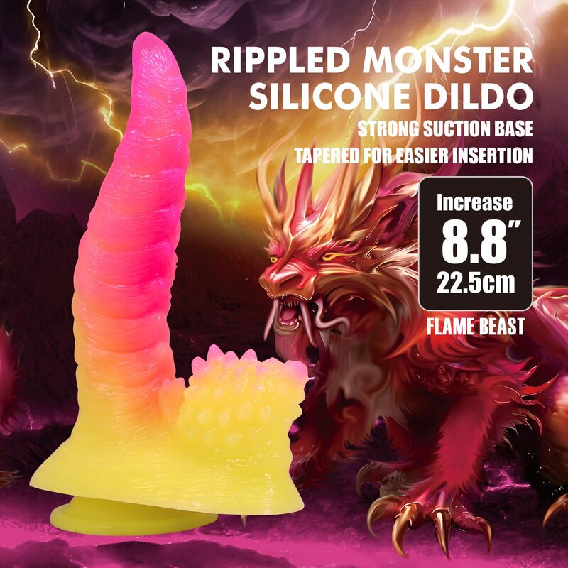 POWER MONSTERS - RIPPLIED MONSTER DILDO FANTASÍA CON VENTOSA 22,5 CM Ø 5,5 CM ROSA Y AMARILLO - Imagen 7