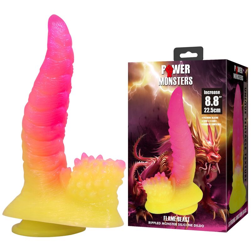 POWER MONSTERS - RIPPLIED MONSTER DILDO FANTASÍA CON VENTOSA 22,5 CM Ø 5,5 CM ROSA Y AMARILLO - Imagen 8