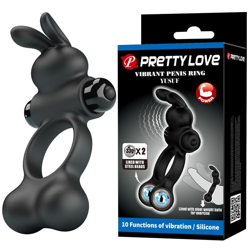 PRETTY LOVE - ANILLO VIBRADOR PARA PENE CON ESTIMULADOR DE CONEJITO 10 FUNCIONES NEGRO - Imagen 11