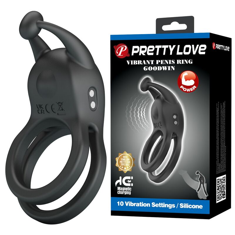 PRETTY LOVE - GOODWIN ANILLO VIBRADOR DOBLE PARA PENE RECARGABLE NEGRO - Imagen 14