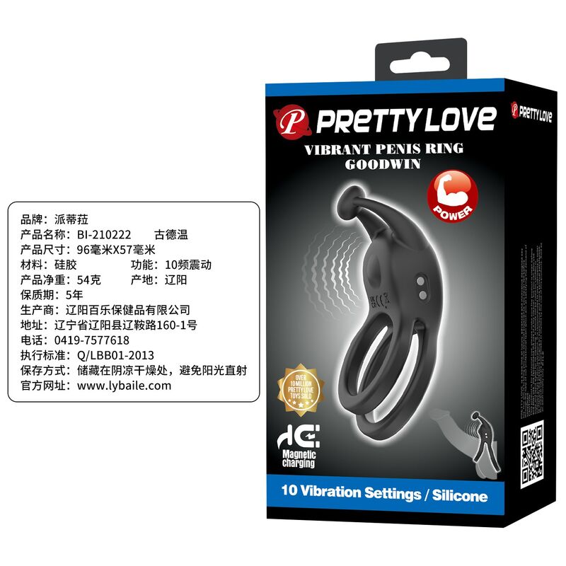 PRETTY LOVE - GOODWIN ANILLO VIBRADOR DOBLE PARA PENE RECARGABLE NEGRO - Imagen 15