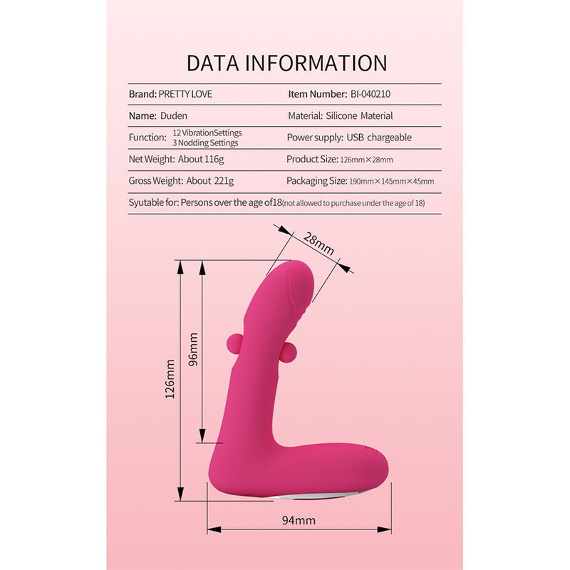 PRETTY LOVE - DUDEN VIBRADOR DE SILICONA RECARGABLE 12 MODOS DE VIBRACIÓN Y 3 MODOS DE BALANCEO ROSA - Imagen 9